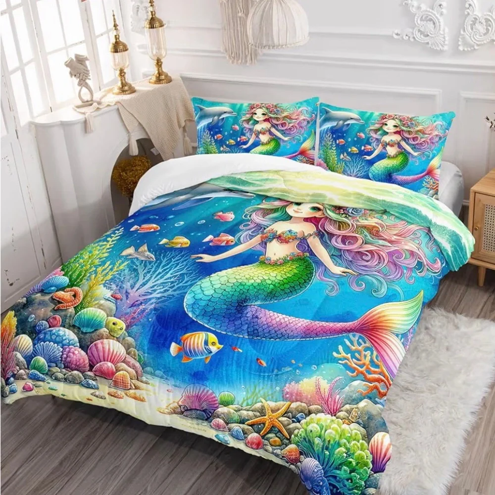 Mermaid Comforter Set Queen Size Dolphin, Coral, Seaweed, Fish, Ocean For Girls - Picture 1 of 4